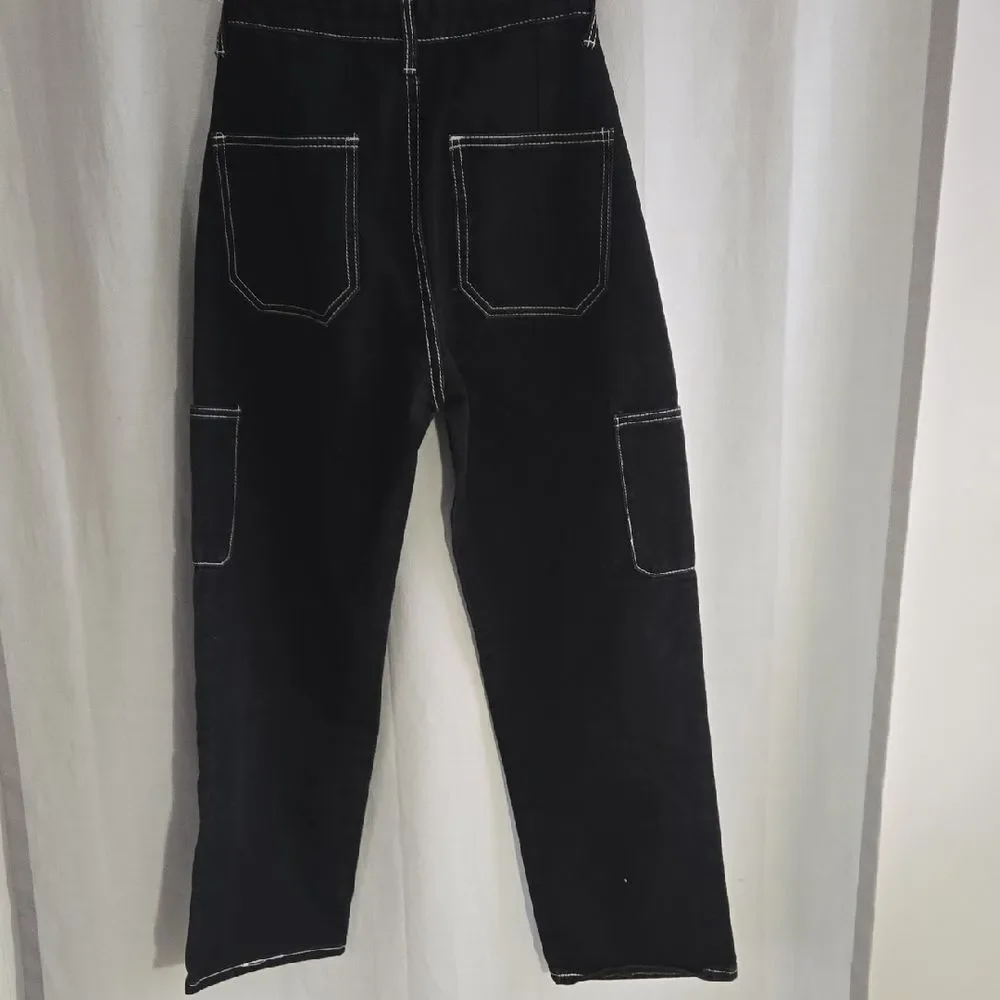 Black Cargo Jeans 24W 26.5L Contrast Stitch Streetwear Kids Unisex